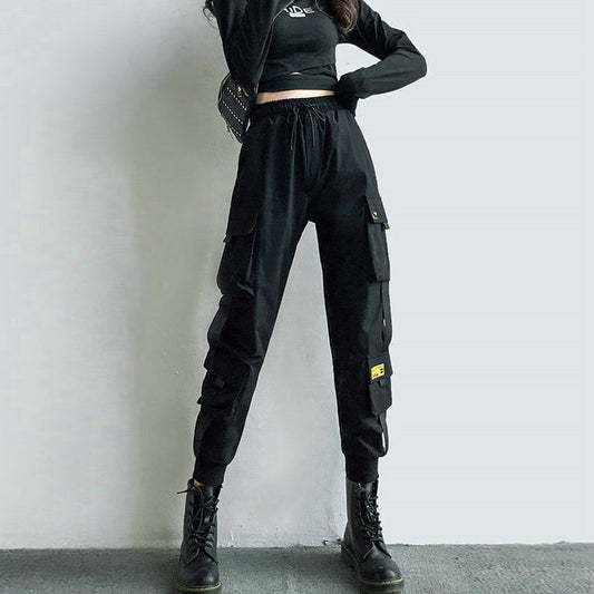 Women's Cargo Pants Black Ribbon Pocket Jogger Elastic Waist High Streetwear Harajuku Pant Punk Females Trousers Harem Pants