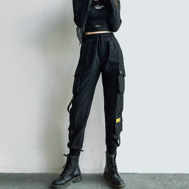 Women's Cargo Pants Black Ribbon Pocket Jogger Elastic Waist High Streetwear Harajuku Pant Punk Females Trousers Harem Pants