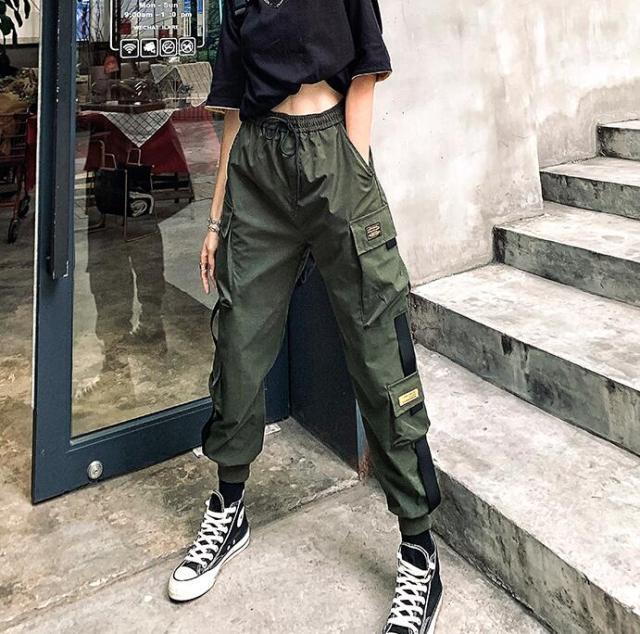 Women's Cargo Pants Black Ribbon Pocket Jogger Elastic Waist High Streetwear Harajuku Pant Punk Females Trousers Harem Pants
