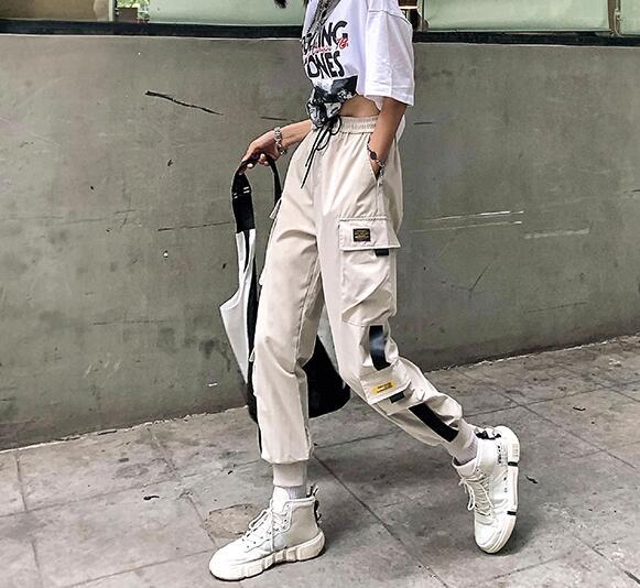 Women's Cargo Pants Black Ribbon Pocket Jogger Elastic Waist High Streetwear Harajuku Pant Punk Females Trousers Harem Pants